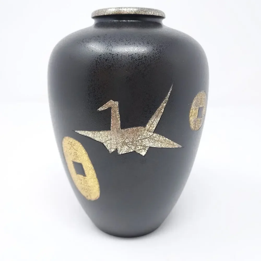Brass Enamel Vase Origami Crane Mon Tempo Motif Black Gold 6.5